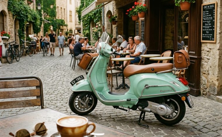 Electric scooter parked outside a contemporary cafe